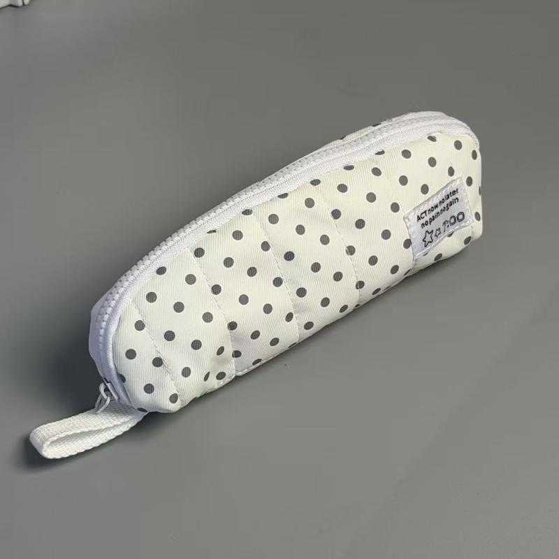 Cute Polka Dot Quilted Pencil Case Large Capacity Portable Strap For School Office Students Use