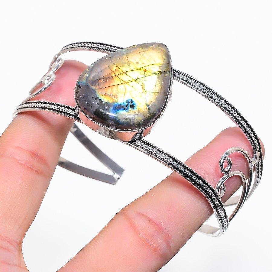 

Natural Labradorite Gemstone 925 Sterling Silver Cuff Bangle Adjustable y4D18