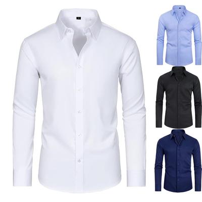 Men Solid Color Slim Fit Long Sleeve Stretch Dress Shirt Wrinkle Resistant Button Down Business Office Formal Top