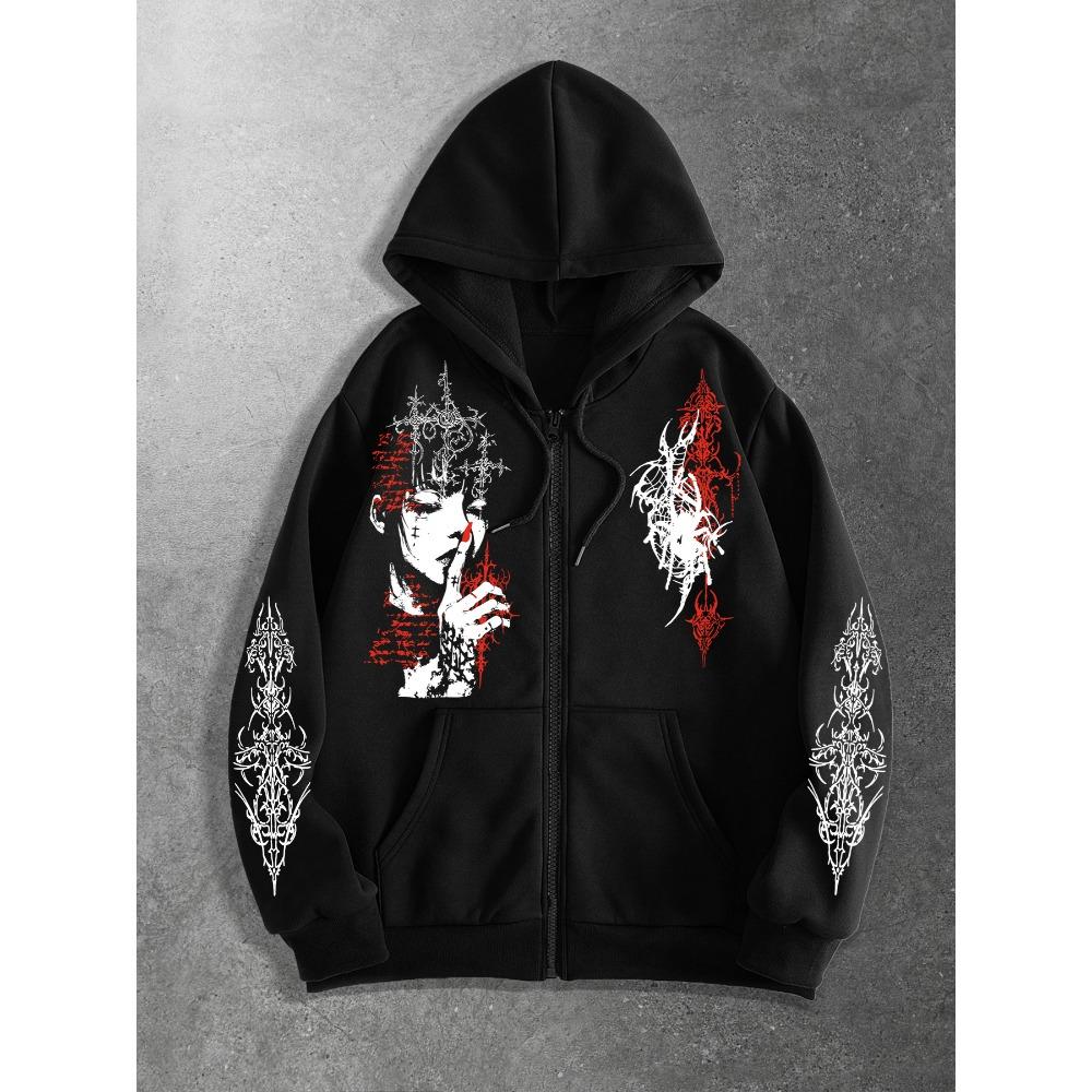 Y2k Mode Seriefigur Porträtt Tryck Huvtröja med Dragkedja | Avslappnad Street Style, Långärmad, Fiber, Normal Passform