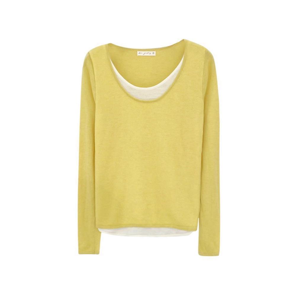 Plus Size Women's Contrast Knit Base Layer Top, Spring & Autumn, Loose Fit, Fake Two-Piece, Relaxed Feel.