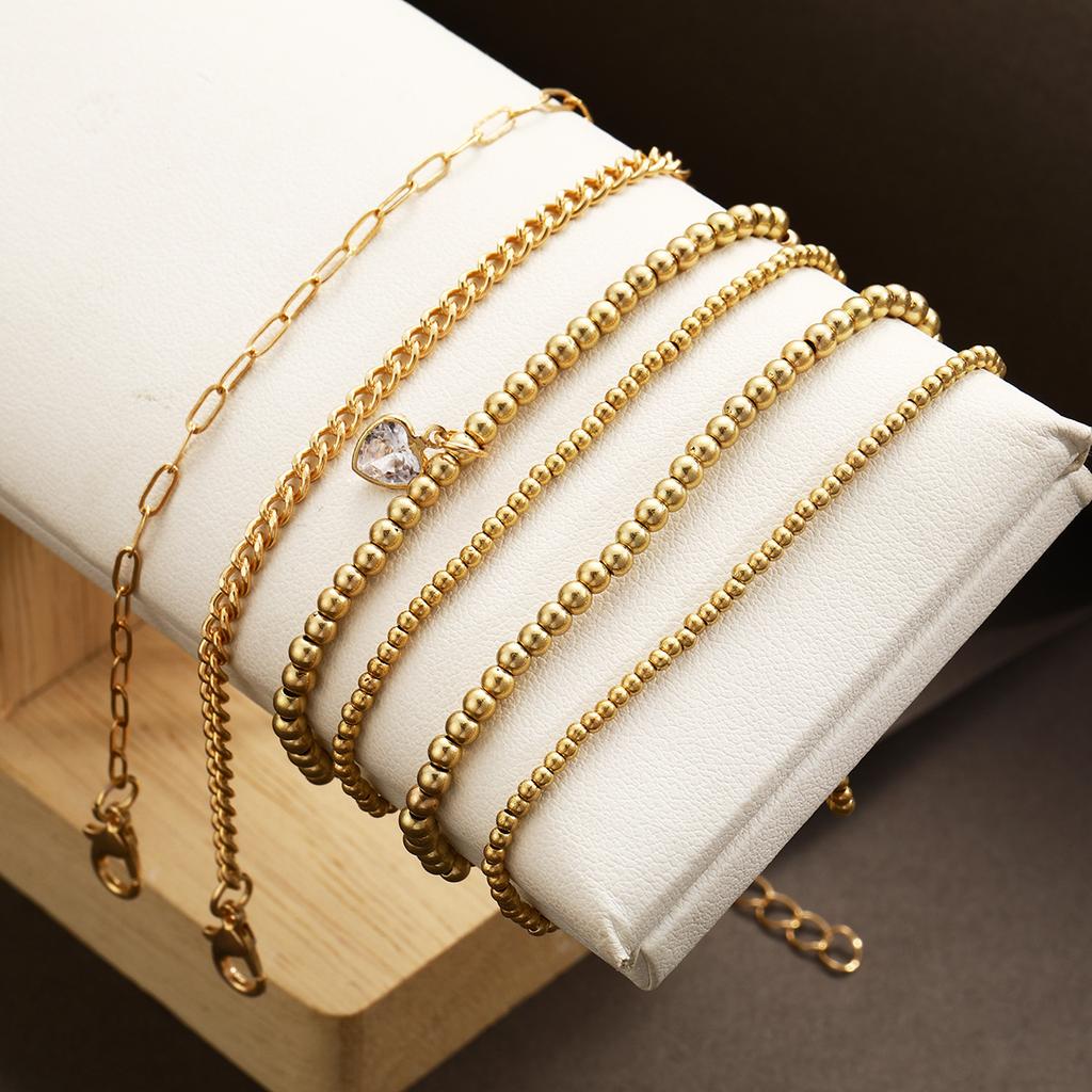 6pcs Gold Color Heart Crystal Beaded Bracelet Set For Women Vintage Minimalist Stretch Bead Ball Bracelets Daily Jewelry Gifts