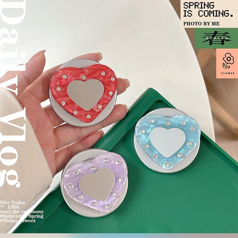 Women'S Magnetic Suction Is Suitable For Magsafe Watching Dramas, Desktop Mobile Phone Airbag Holder, Rhinestone, Heart-Shaped Mirror Sticker