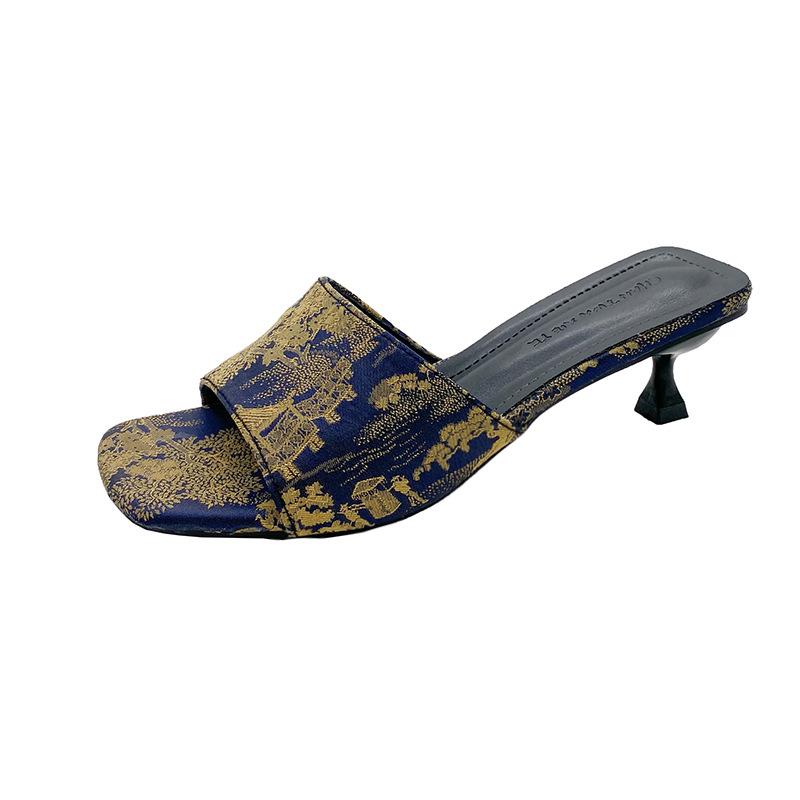 High-heeled Slippers Women's 2025 Summer New Fashion Printed Stiletto Square Head One-word Cool Slippers