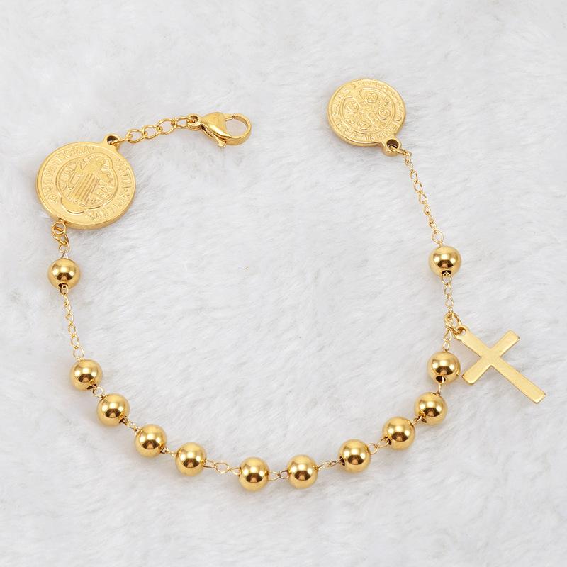 Hot Sale Women s Religious Stainless Steel Bracelet with 18K Gold Beads Virgin Mary Cross Pendant Fashion Jewelry Bangles 21cm