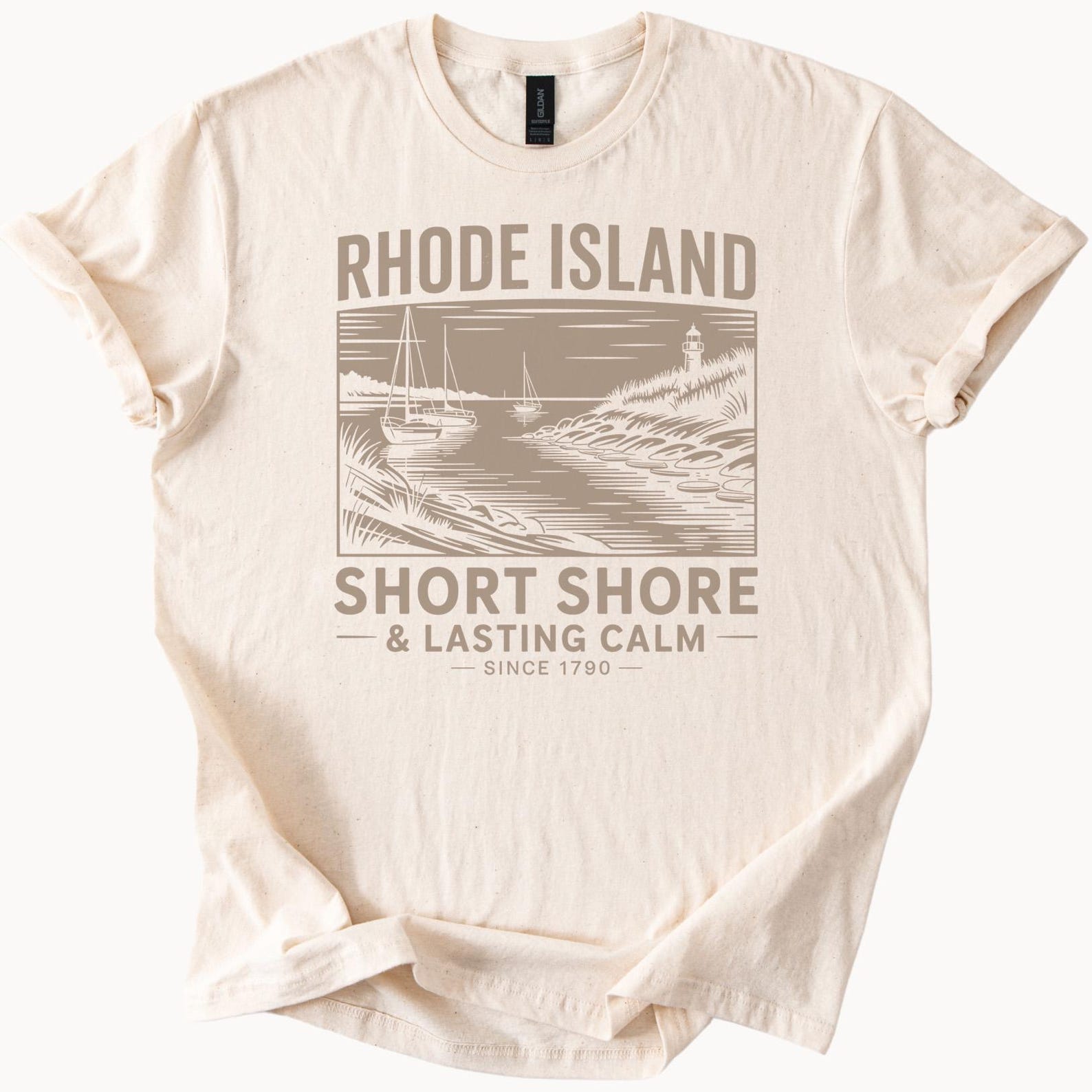 Rhode Island Graphic T Shirt Short Shore Lasting Calm Ocean Sailboat Lighthouse Coastal Beach Scene Since 1790 Soft Cotton Tee 140