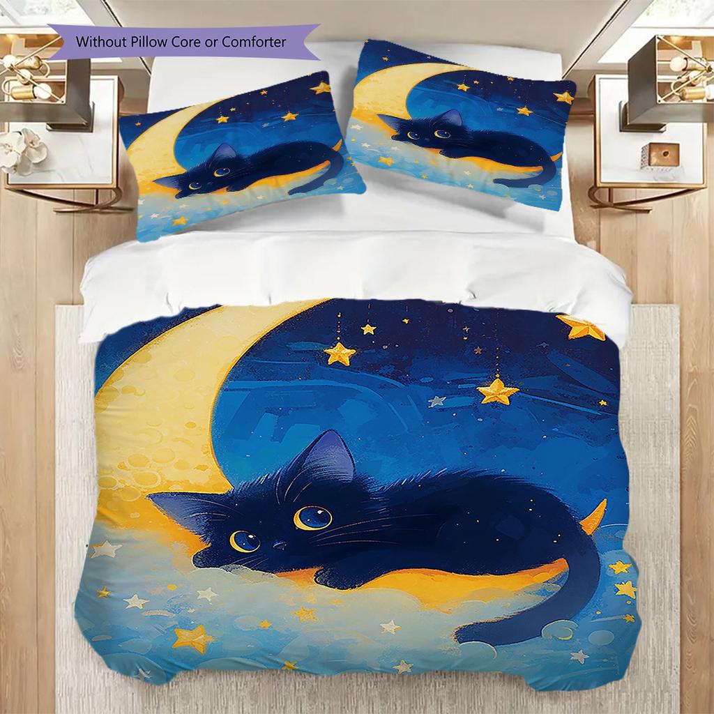 Black Cat Pattern Bedding Quilt Set Quilt Cover Pillowcase Home Decoration Birthday Gift (1 * duvet cover + 2 * pillowcase, without core)