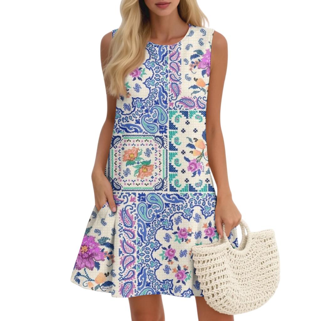 Women's Casual Fashion Breathable Round Neck Vest Floral Holiday Dress With Pockets