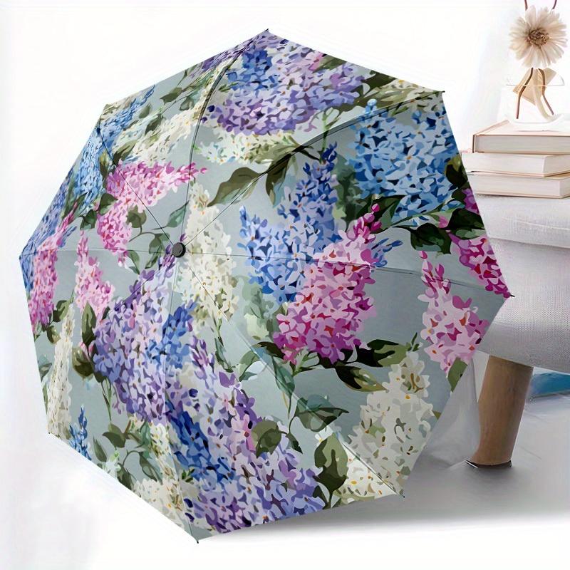 Love Spring Automatic Folding Umbrella - 8-Rib Compact Portable Design, Floral Pattern with Blue Hydrangea & Pink Flowers, Lig