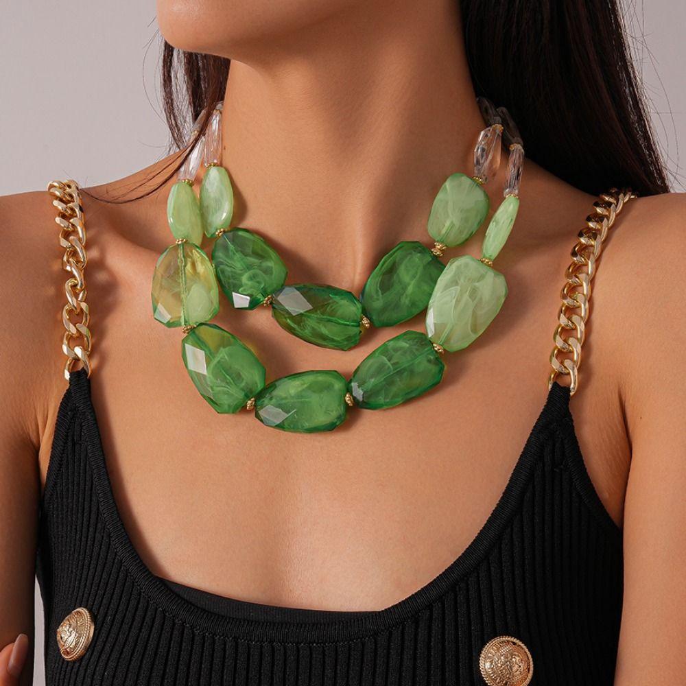 Irregular Acrylic Beaded Double-layer Necklace Exaggerated Fashion Jewelry Beaded Necklace Dopamine Color Clavicle Chain Gift