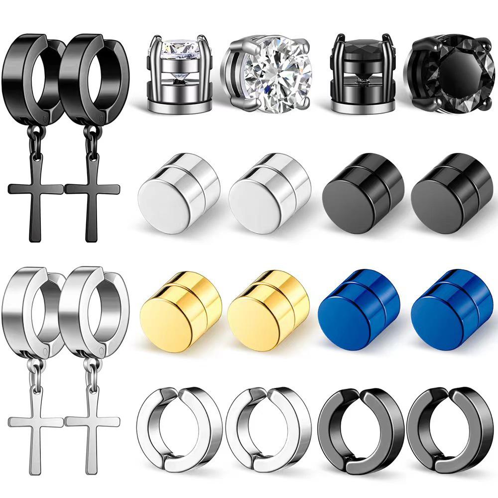 Set de Pendientes Magnéticos de Acero Inoxidable con Forma de Cruz y Circonita para Hombres y Mujeres