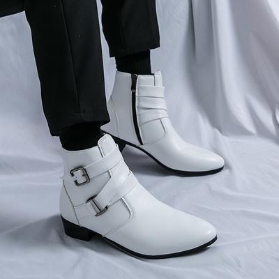 Men's High Heels Boot Pointed Toe Wingtips Western Boots Black White Casual Retro Dress Zipper Leather Tuxedo Wedding Blazers Shoes for Men Plus Size