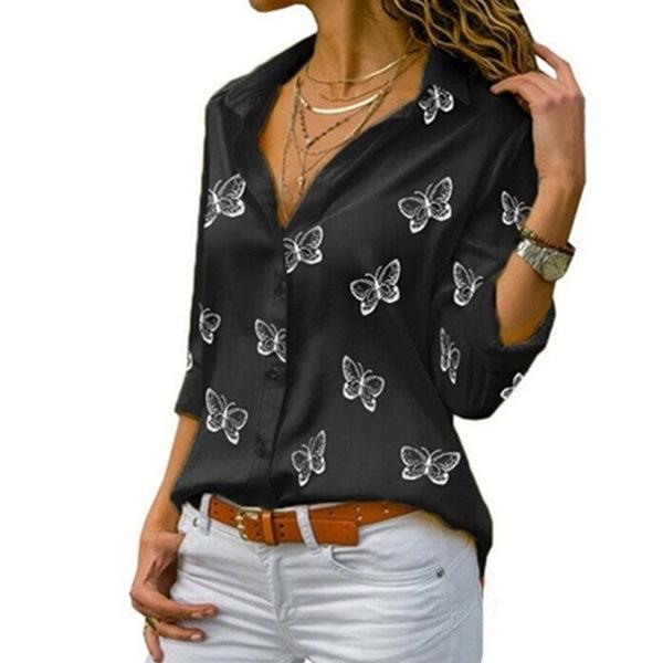 Spring Autumn Women Multi Colored Long Sleeve Blouse Oversized Turn Down Collar Loose Office Lady Casual Butterfly Printing Basic