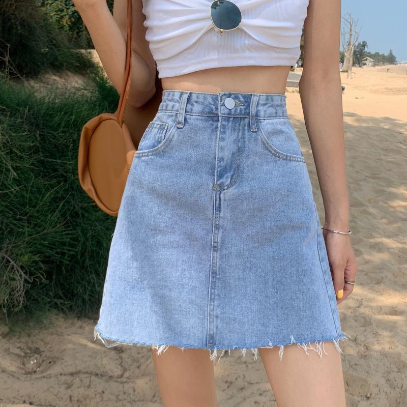 Denim Short Skirt Summer Women's Fashion Denim Three Piece Short Skirt High Waist Wrap Hip A-line Skirt