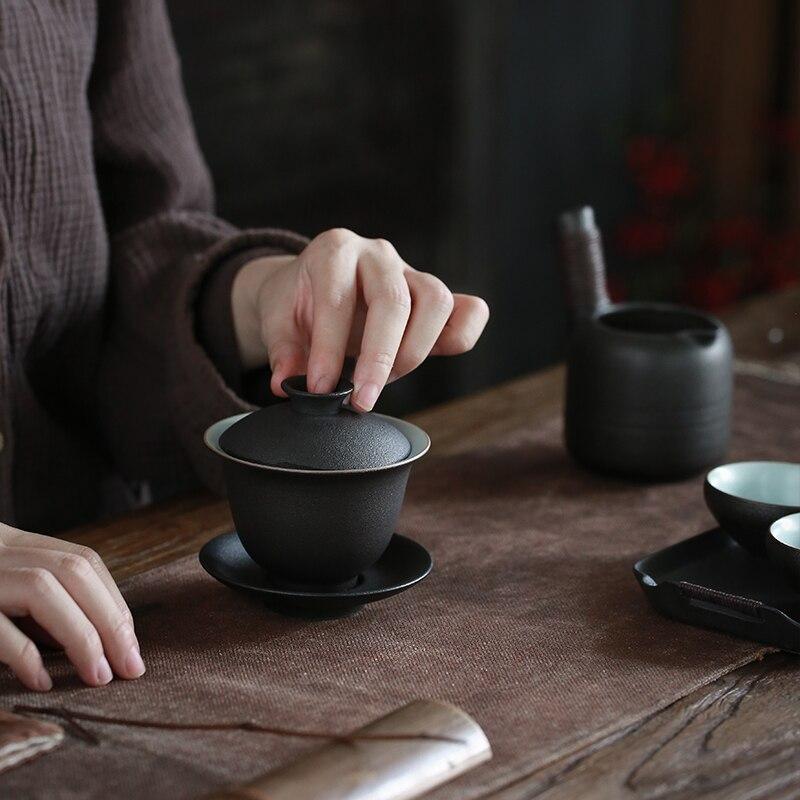 150ml Ceramic Lid Bowl Black Clay Tea Bowl Creative Handheld Lid Bowl