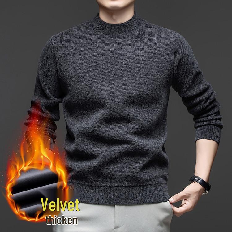 Men's Autumn/Winter Chenille Knit Half-High Neck Velvet-Enhanced Base Layer Sweater