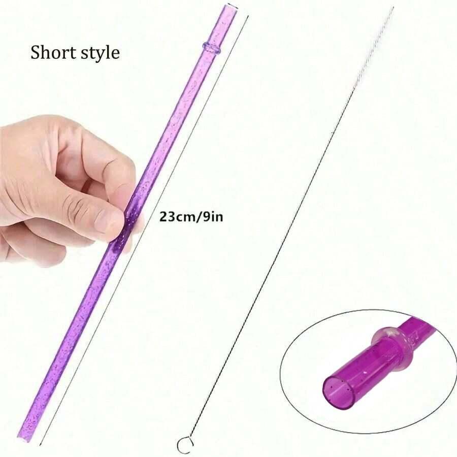 12pcs Reusable Sparkle Plastic Straws With Cleaning Brush, Rigid Non-Tipping Drinking Straws,for Tumbler Bar Home Party