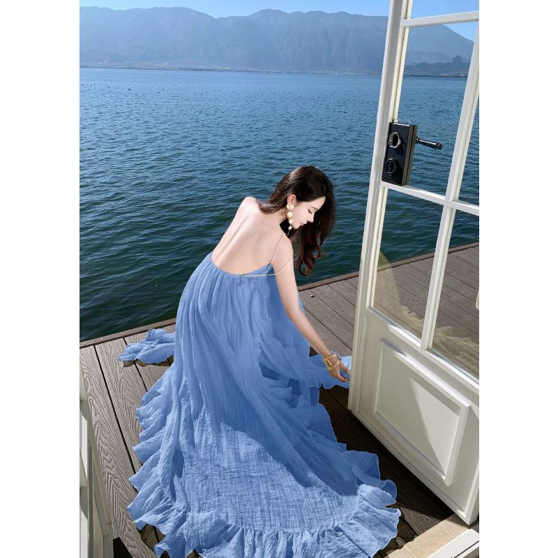 

French Gentle Birthday Dress Skirt Seaside Vacation Halter Dress Loose Morning Robe Beach Fairy Dress L синій