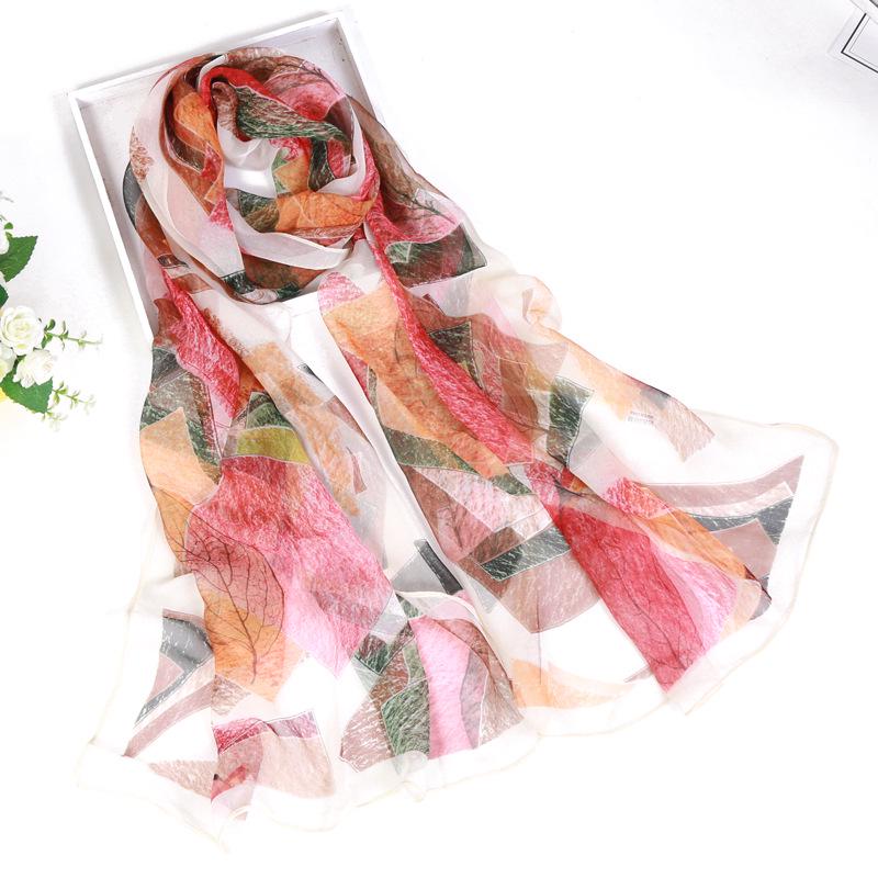 2019 Qiaoqi Long Silk Scarf with Leaf Pattern - Sun Protection, Hot Selling Thin Silk Scarf