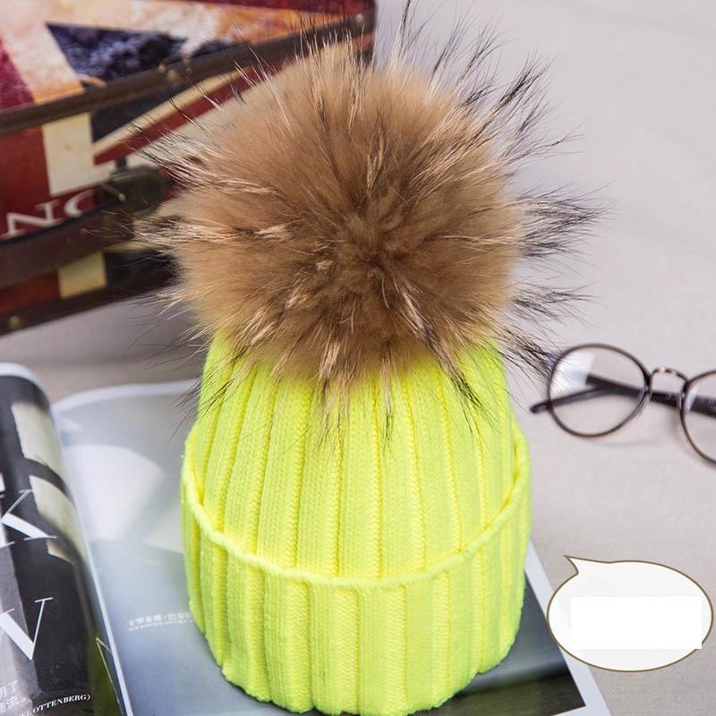 Real Winter New Raccoon Fur Hats Pom Pon Women Lady Knit Beanie Bobble Cap
