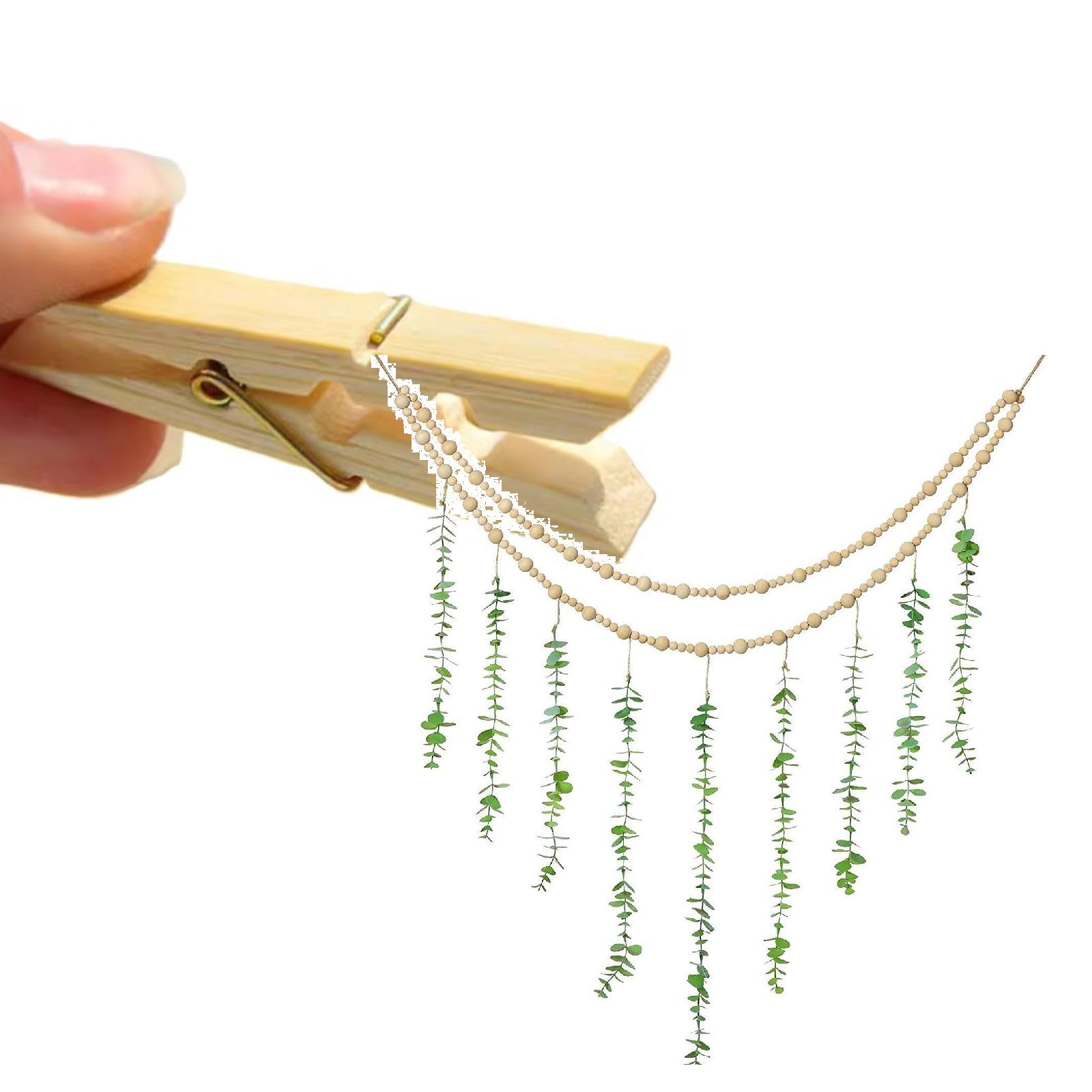 

Style Wall Hanging Decor - Natural Wood Beads & Faux Leaves with 20 Clips - Photo Display, Memo Holder for Home Decor One Size One Size