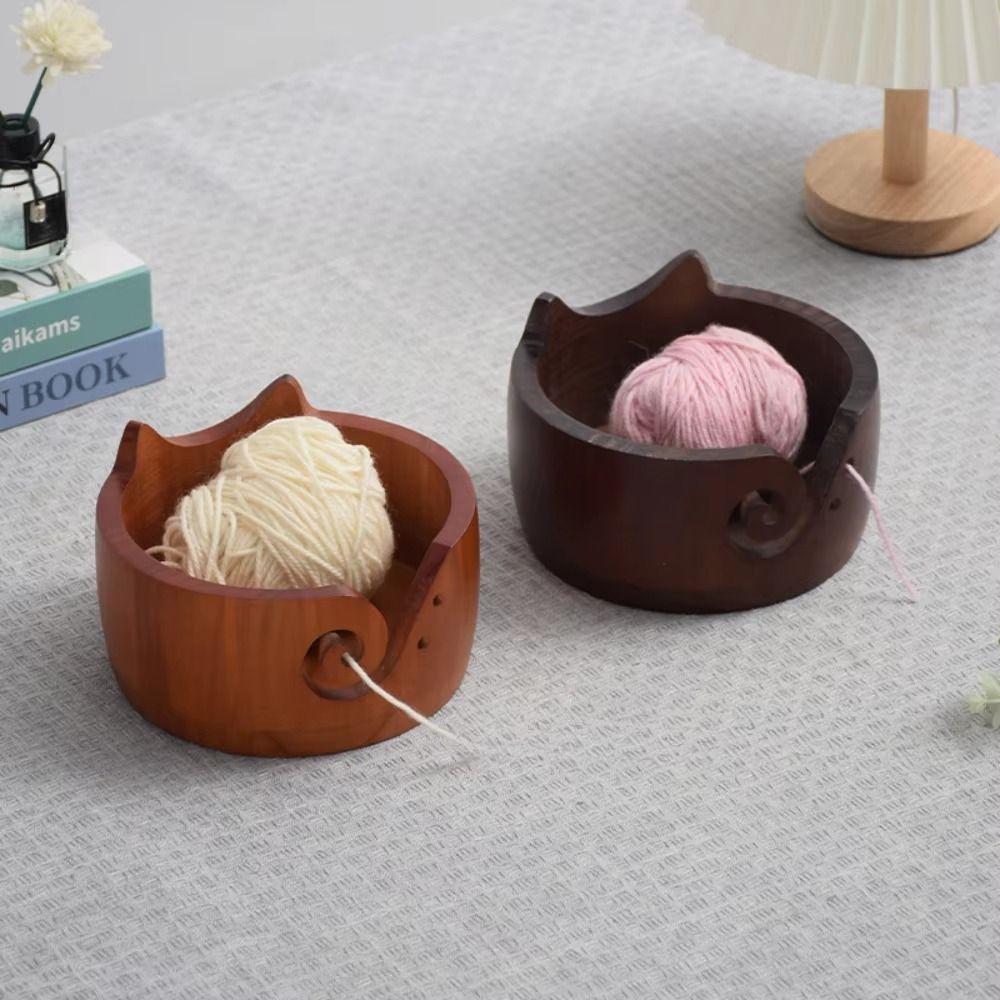 Practical Wooden Yarn Bowl With Holes Yarn Organizer Durable Knitting Storage Bowl Crocheting