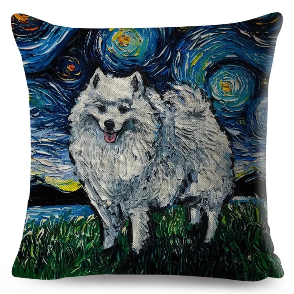 Both Sided Starry Sky Dog Cushion Cover Decor Oil Painting Cartoon Pet Animal Pillow Case for Sofa Home  Linen Pillowcase