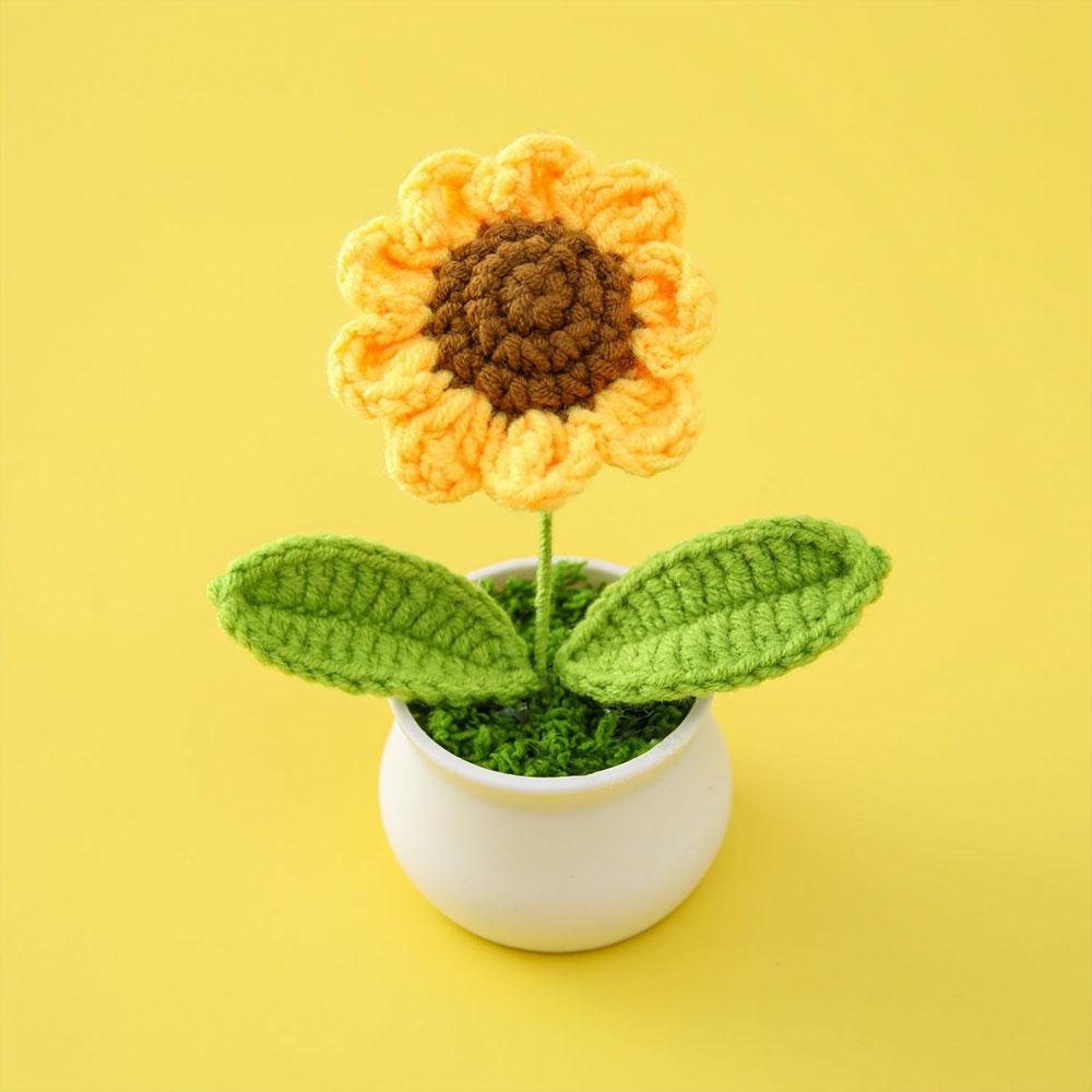 DIY Handwoven Mini Potted Flower Rose Tulip Daisy Office Desktop Ornamental Plant Woolen Thread Finished Product Home Decoration