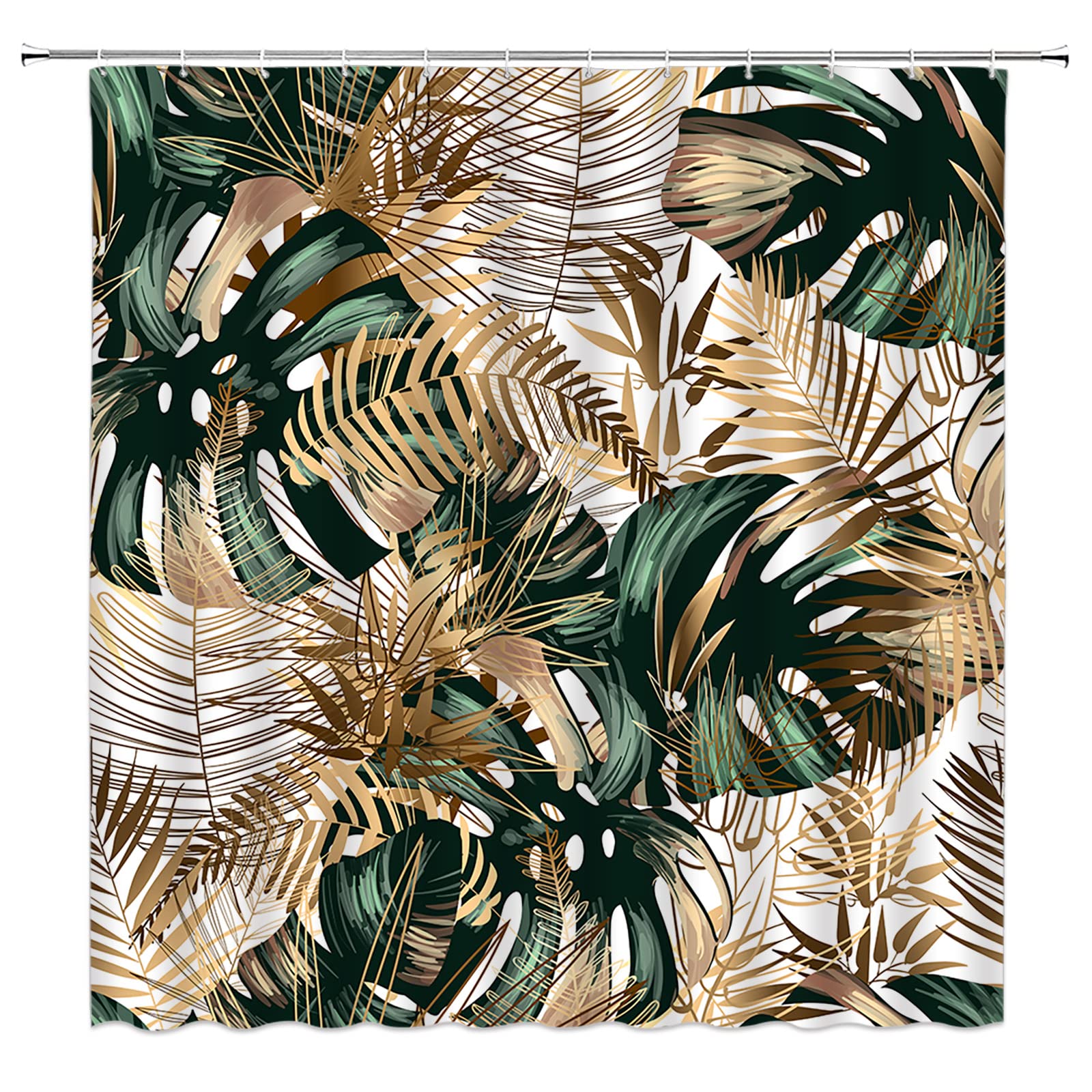 Green Hawaii Tropical Shower Curtain Green Gold Tropical Leaves Plant Fabric Bathroom Curtain Botanical Jungle Bath Curtain Set W90xH180cm