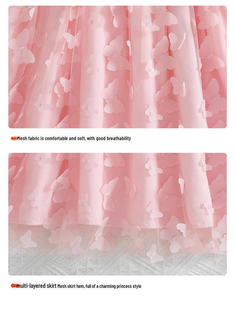 Autumn/Winter 2025 3D Butterfly Mesh Belted Long-Sleeve Dress for Girls