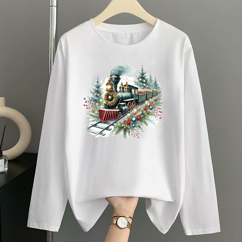 (Asian Size) Tree Watercolor Print T Shirt Christmas Holiday Graphic Tee Women Autumn Winter Casual Fashion Top Clothing Long Sleeve T-shirts