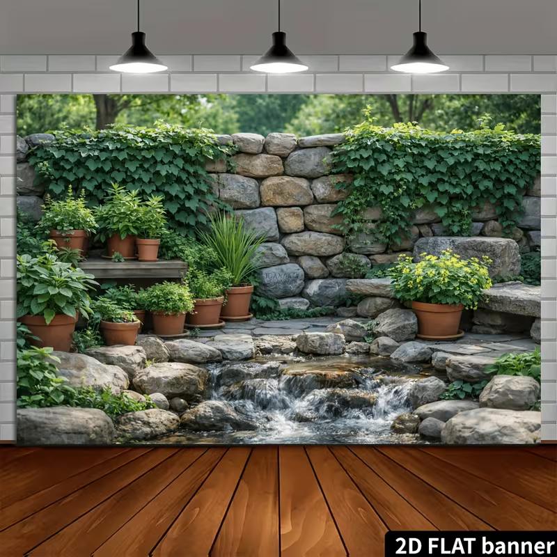 Countryside Ivy Covered Rock Wall Terracotta Pot Plant Outdoor Photo Background