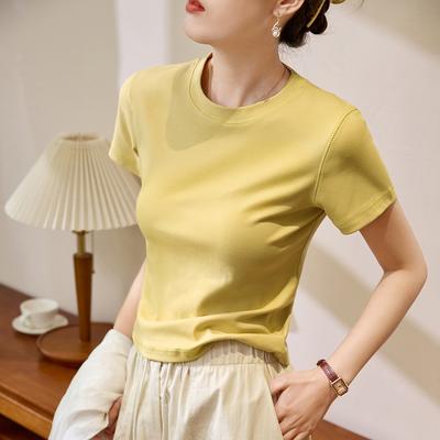 T-shirt d'été en pur coton peigné 230 g pour femme, haut décontracté et polyvalent à manches courtes, col rond et épaules droites