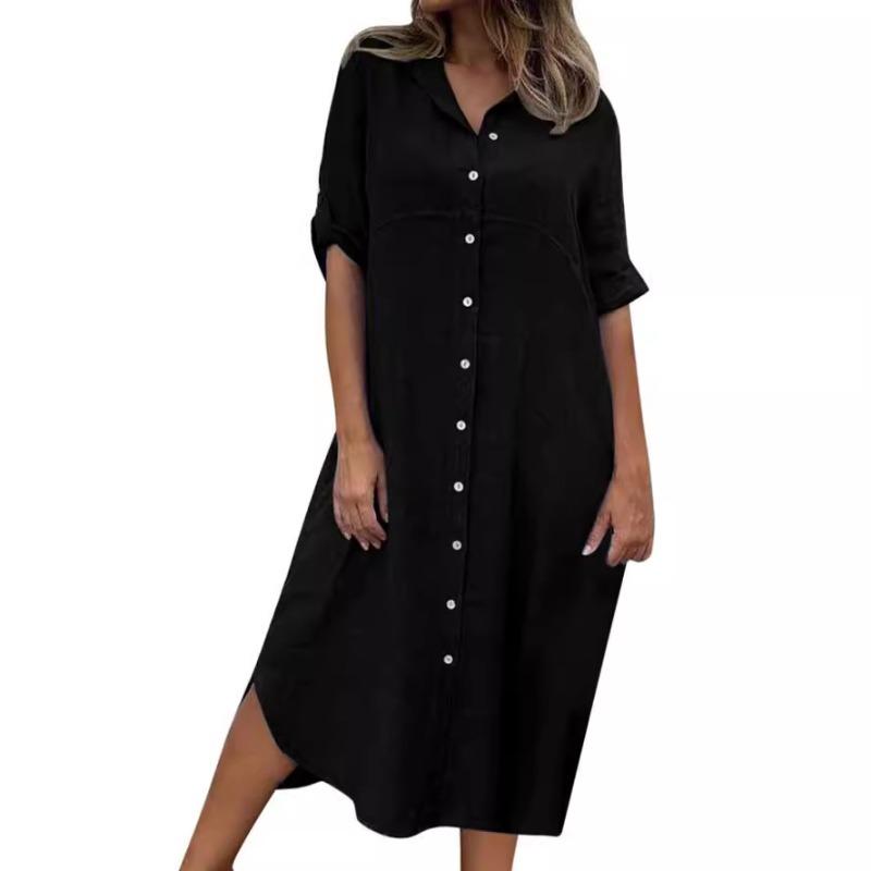 New Solid Color Cotton and Linen Shirt Dress