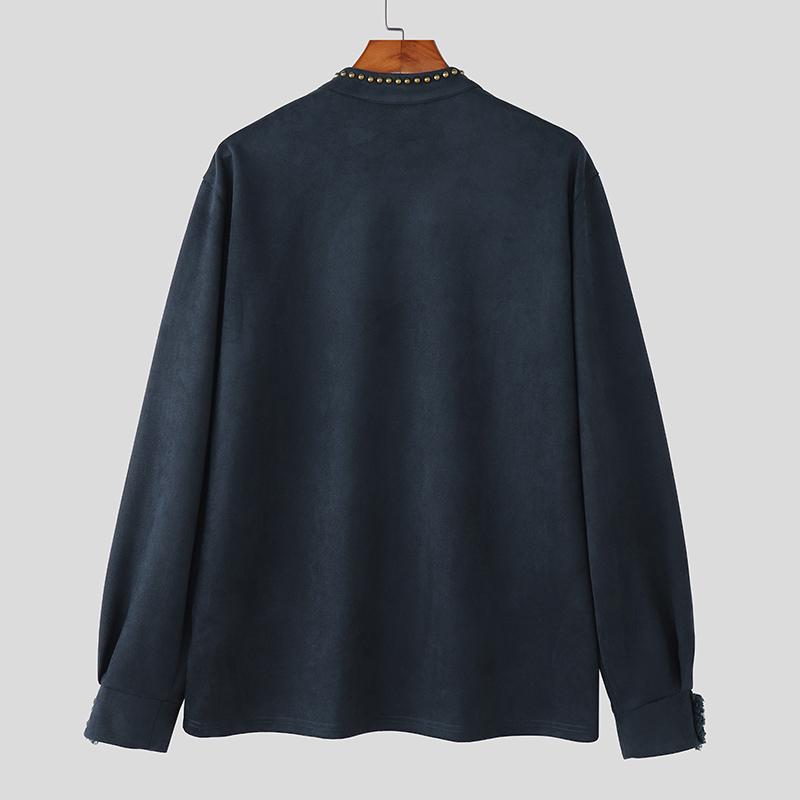 INCERUN Spring Men Stand Neck Long Sleeve Beading Casual Pullover T-shirts Tops