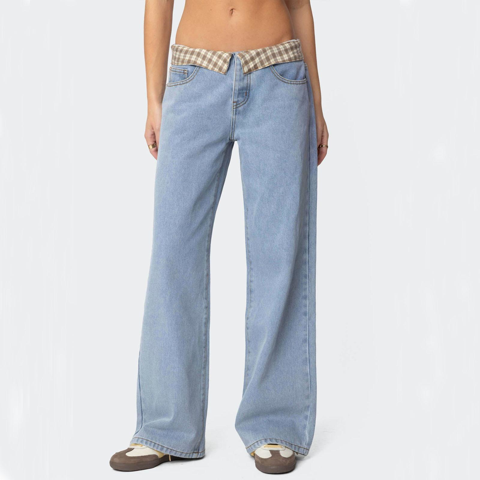 2026 New Style Plaid Fabric Color Loose Casual Women s Jeans Women s Denim Trousers S светло-синий