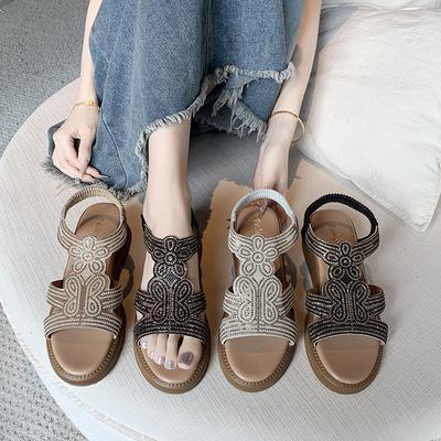 Wedge Heel Large Size Sandals Female Summer New Fairy Wind Rhinestone Open-toed Thick-soled Roman Sandals Female