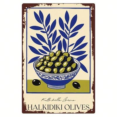 Vintage Olive Blue White Metal Wall Art 8x12 Inch Rustic Greek Decor Tin Sign Kitchen Bar Cafe Garage
