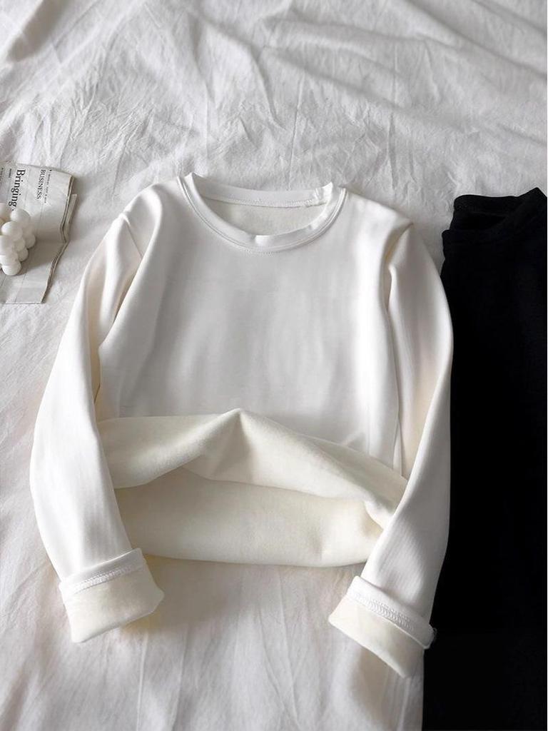 Women's Fleece-Lined Round Neck Base Layer - Thick, Warm, Loose Fit, Long Sleeve T-Shirt for Autumn/Winter. Plus Size Available.