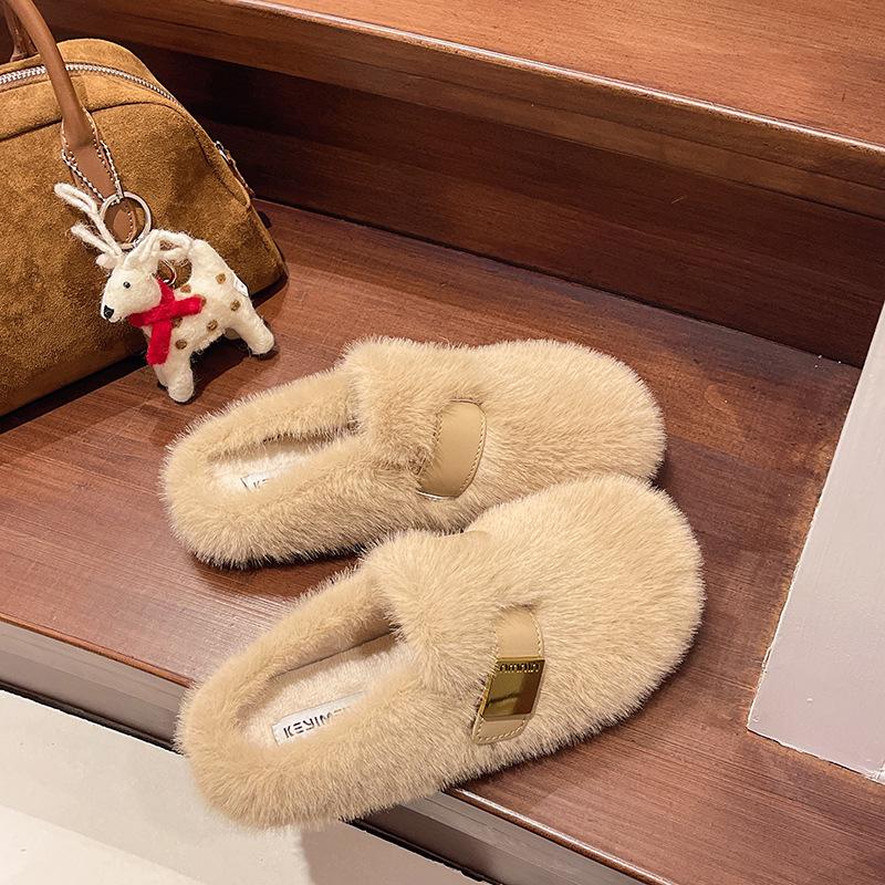 Flat-bottomed bag head fluffy slippers for women's outer wear 2025 new autumn and winter advanced sense one-pedal plush bag head cotton slippers