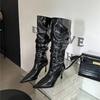 Street Style Winter Designer Women Knee-High Boots Fashion Pointed Toe Pleated Long Booties Female High Heels Shoes