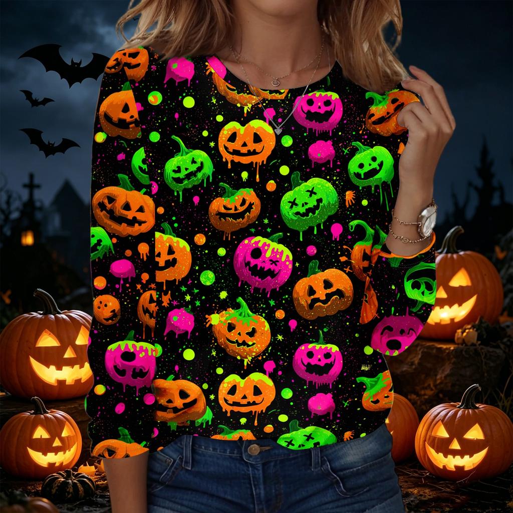 Women's Halloween Print Pullover Sweatshirt Crew Neck Long Sleeve Casual Loose Fit Top for Fall and Winter