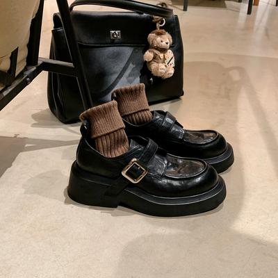 Cowhide Version Grape Mother Washed Horse Leather Round Head Buckle With British One-Pedal Small Leather Shoes Women'S Platform Heightening Loafers