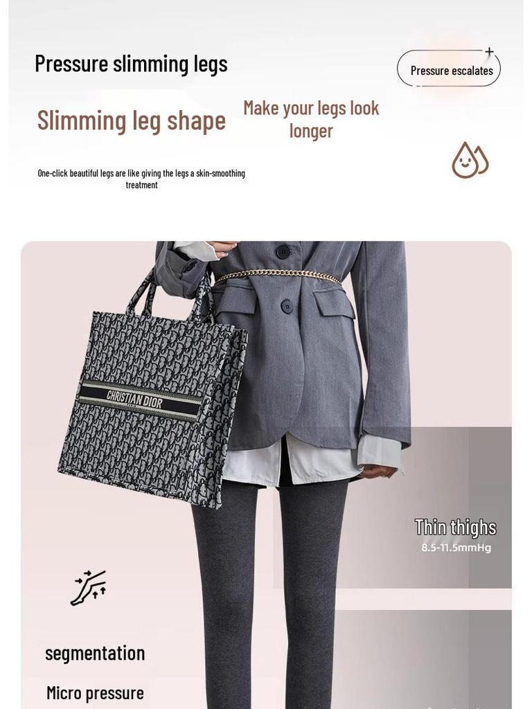 Dámské šedé punčochové kalhoty s vertikálním pruhem - Neshrnující se, s plusovým sametem, Silné, Hřejivé, Tlakově zeštíhlující pro nošení na jaře, na podzim a v zimě.