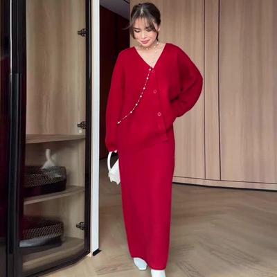 2024 Autumn Women's Solid Color Sweater & Midi Skirt Knit Two-piece Set
