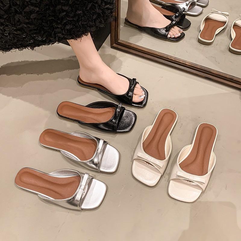 Open-toed cool slippers for women to wear summer new models with skirts, low-heeled bow slippers