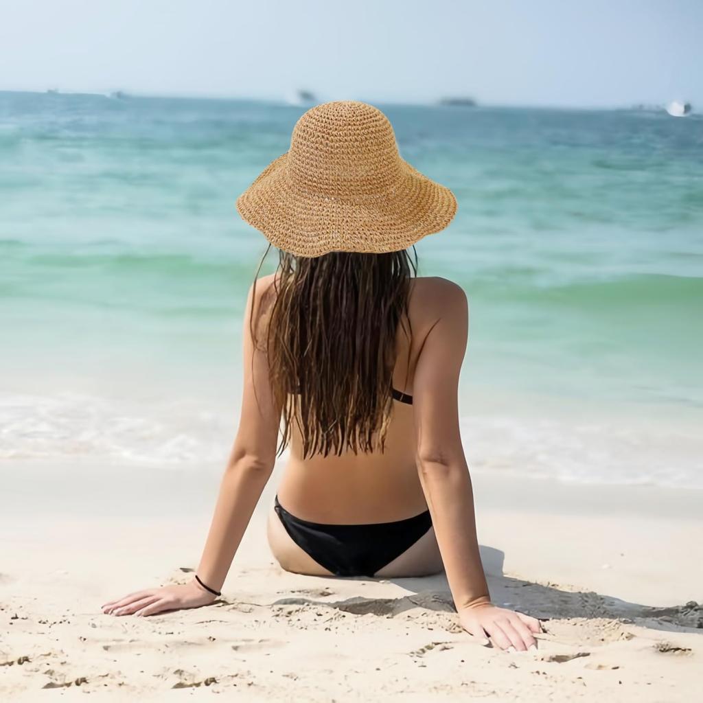 Ladies' Summer Solid Color Hollow Out Large Brim Beach Sun Hat, Pure Straw Crochet Sun Hat Suitable For Hiking