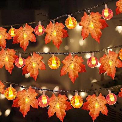 LED Pumpkin & Maple Leaf String Lights for Halloween and Thanksgiving Decor