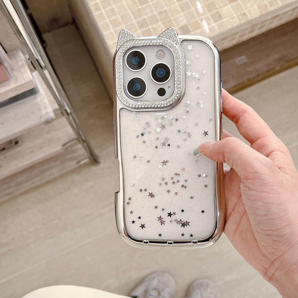 For IPhone16ProMax Flash Diamond Phone Case for Apple15 Cute Cartoon Cat Ears 14 Electroplating Protective Case