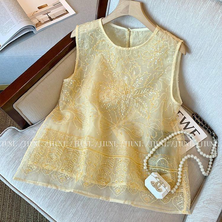 

Бисером вышитый жилет темперамент 2025 лето темперамент органза без рукавов жилет M [Recommended below 50kg] жёлтый